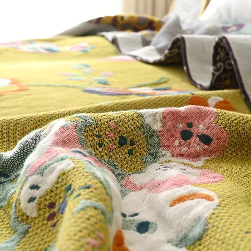 Couverture Florale Oiseau de Jardin Boho | Couverture 100% Coton