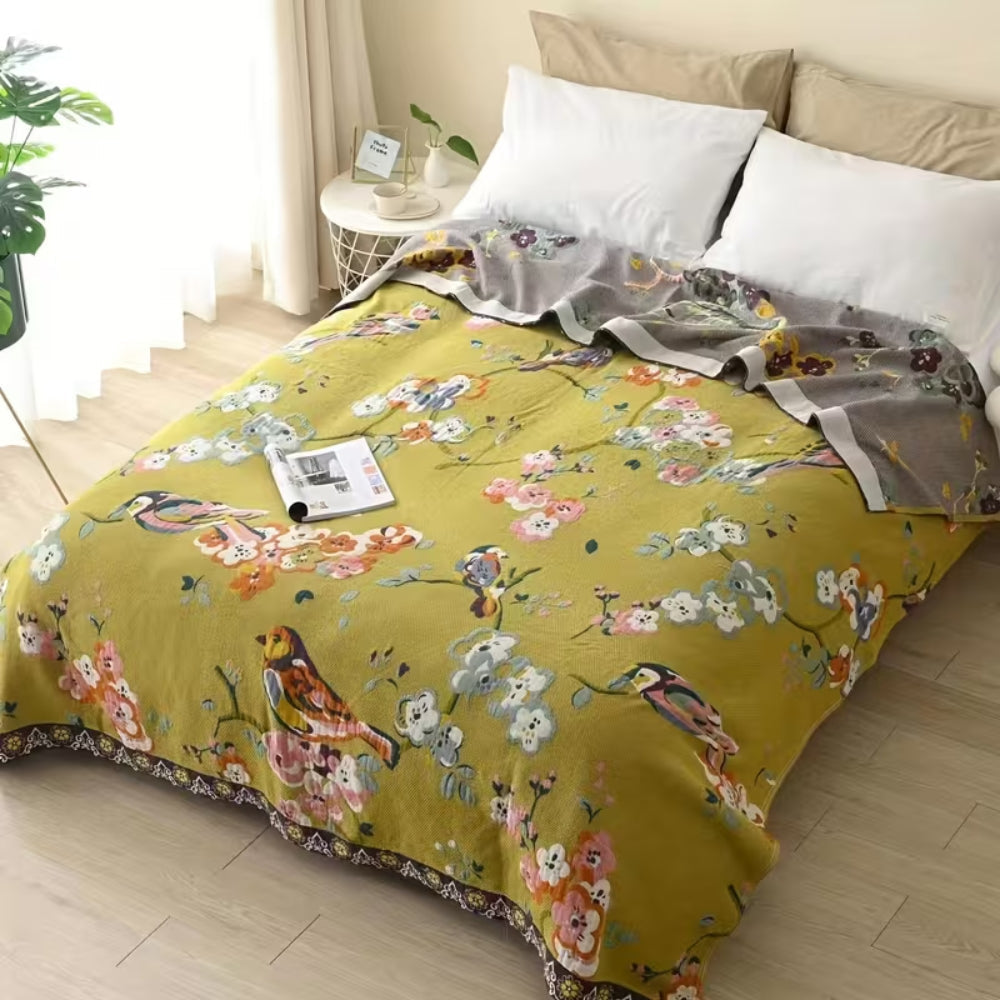 Couverture Florale Oiseau de Jardin Boho | Couverture 100% Coton