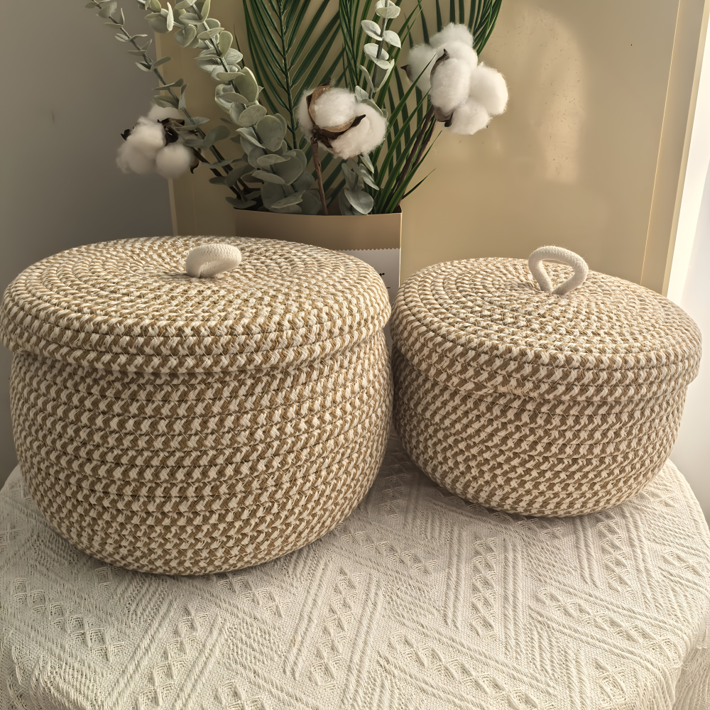 Panier de Rangement Boho avec Couvercle – Boîte de Rangement Tissée pour Bijoux – Ronde