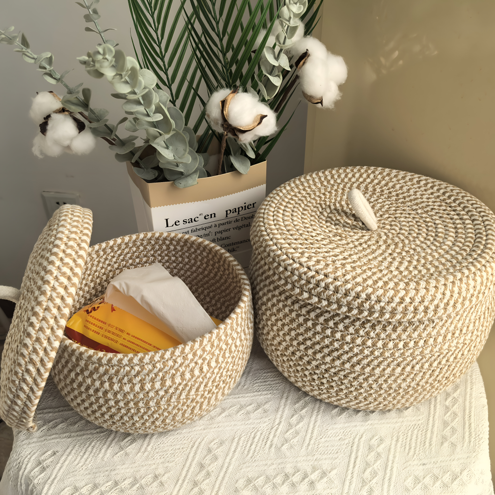 Panier de Rangement Boho avec Couvercle – Boîte de Rangement Tissée pour Bijoux – Ronde