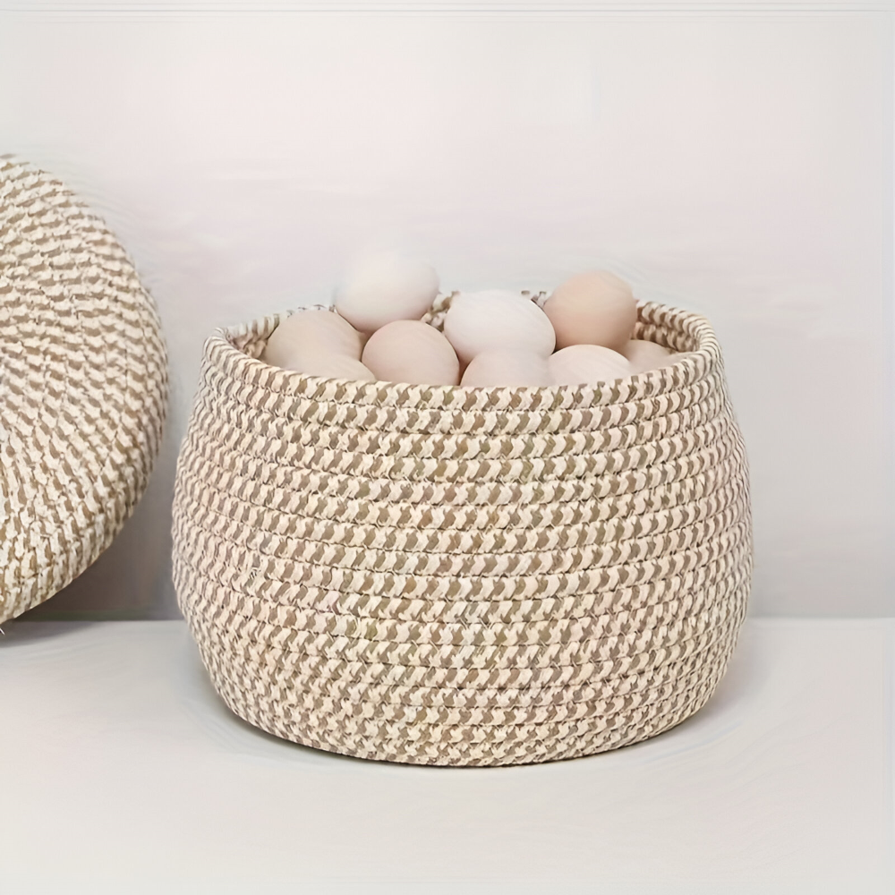 Panier de Rangement Boho avec Couvercle – Boîte de Rangement Tissée pour Bijoux – Ronde