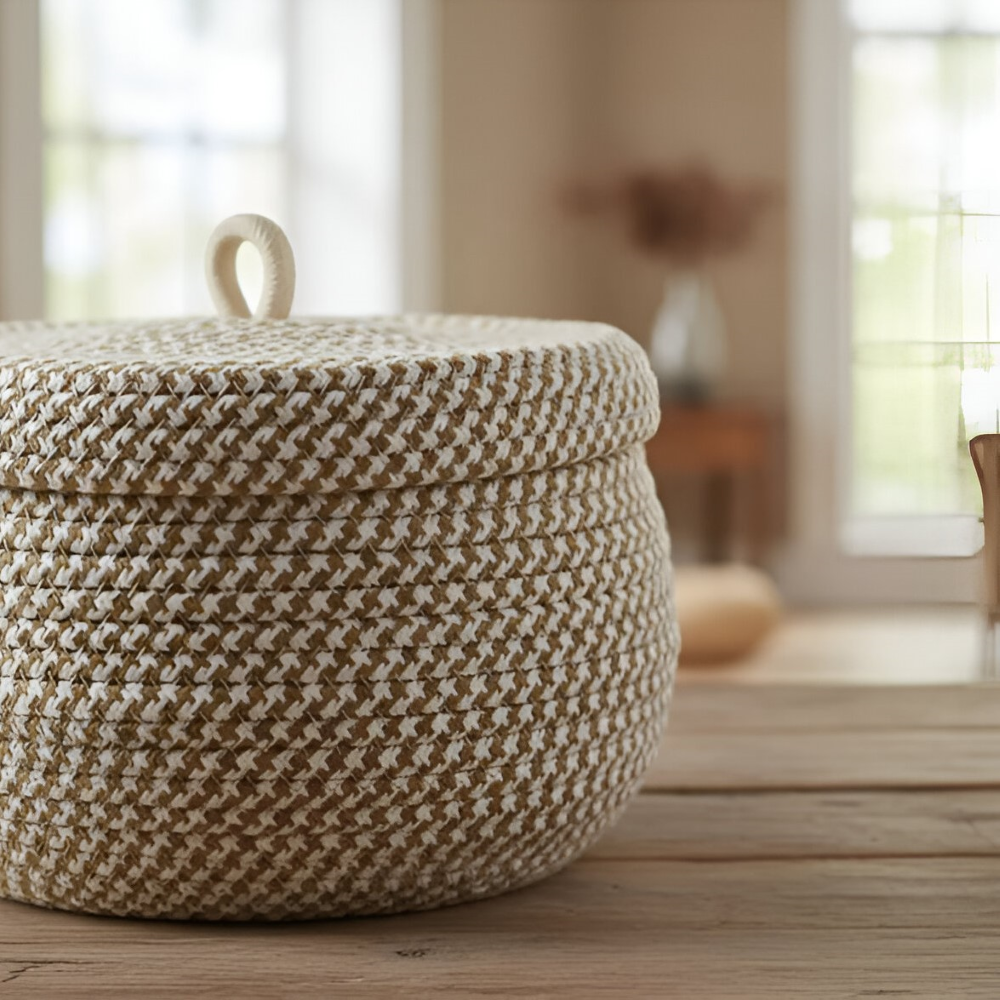Panier de Rangement Boho avec Couvercle – Boîte de Rangement Tissée pour Bijoux – Ronde