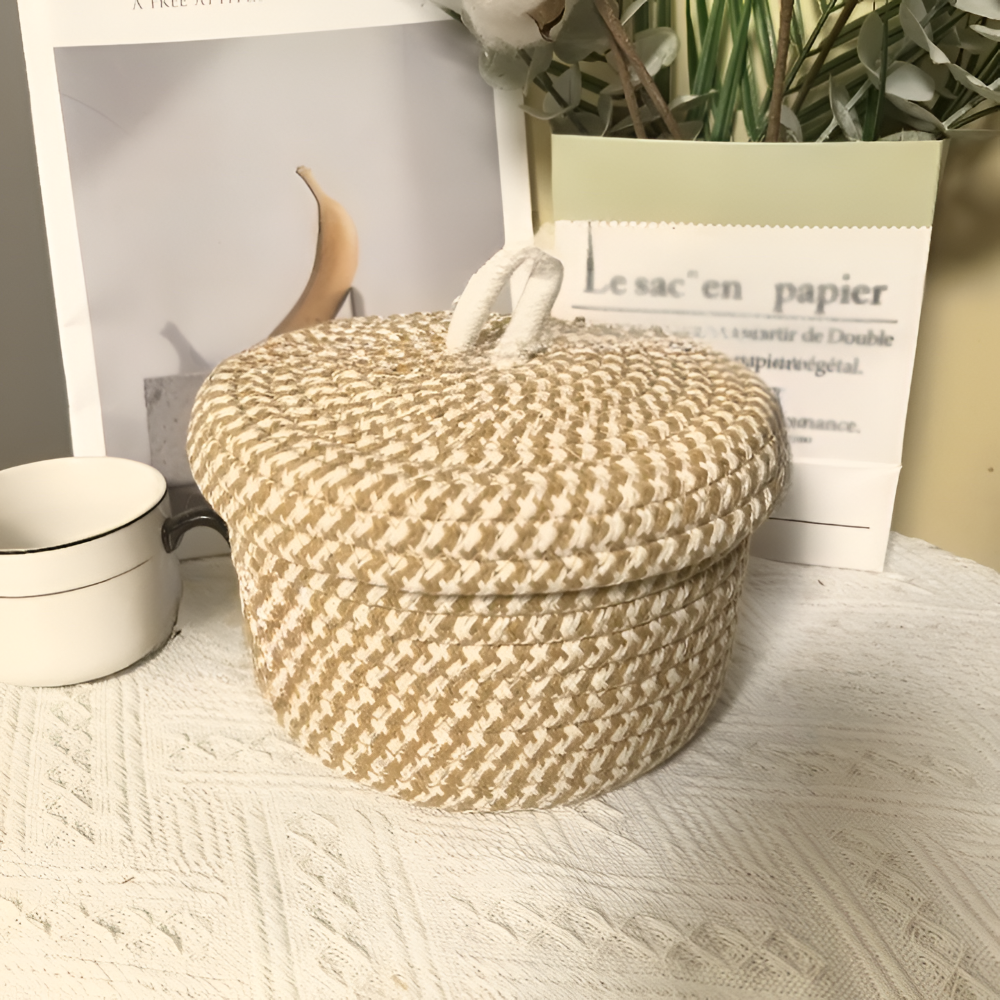 Panier de Rangement Boho avec Couvercle – Boîte de Rangement Tissée pour Bijoux – Ronde