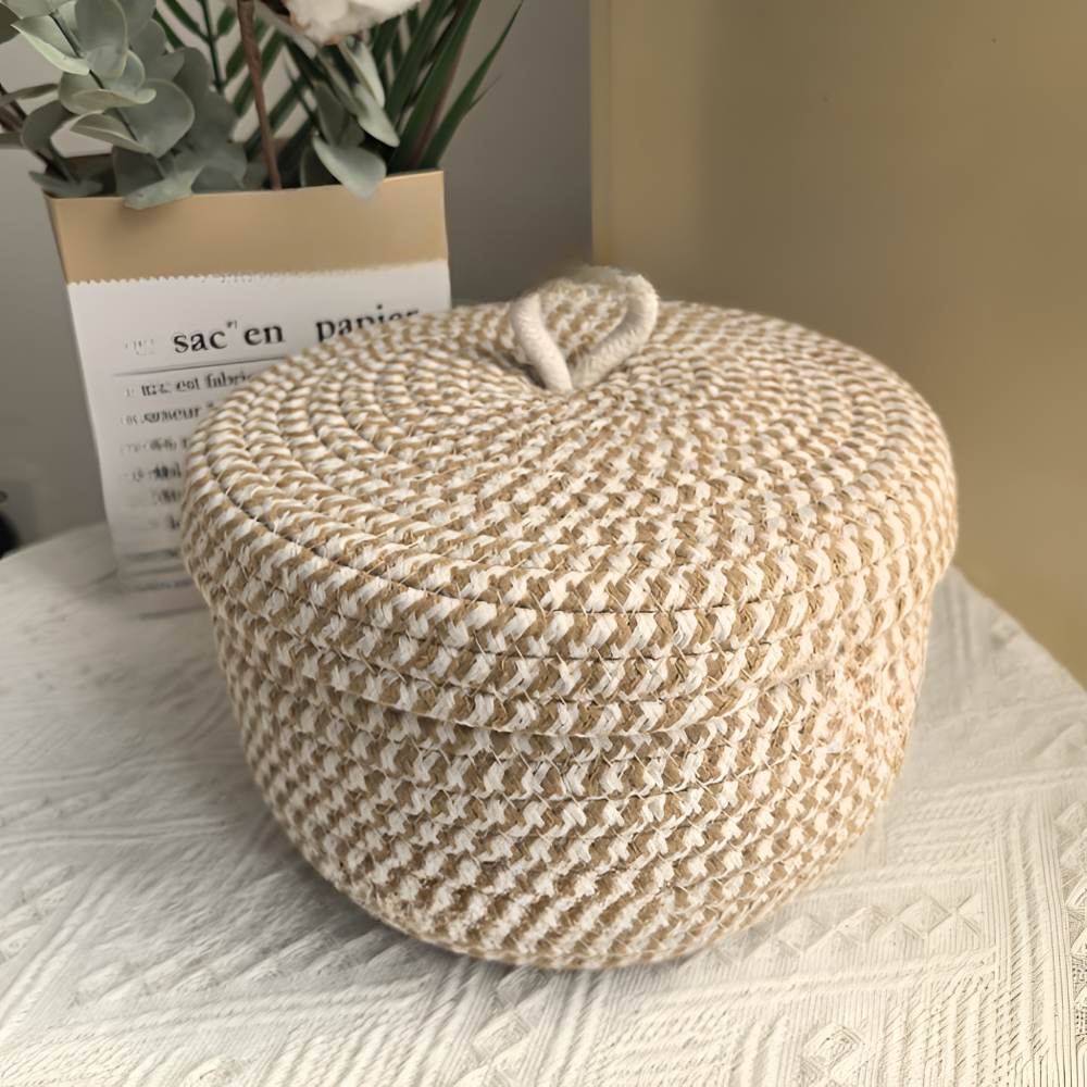 Panier de Rangement Boho avec Couvercle – Boîte de Rangement Tissée pour Bijoux – Ronde