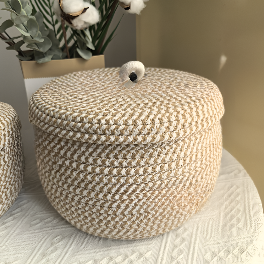 Panier de Rangement Boho avec Couvercle – Boîte de Rangement Tissée pour Bijoux – Ronde