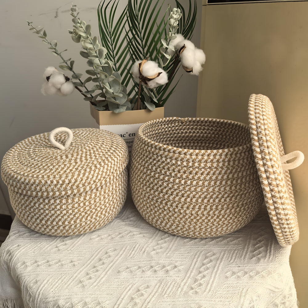 Panier de Rangement Boho avec Couvercle – Boîte de Rangement Tissée pour Bijoux – Ronde