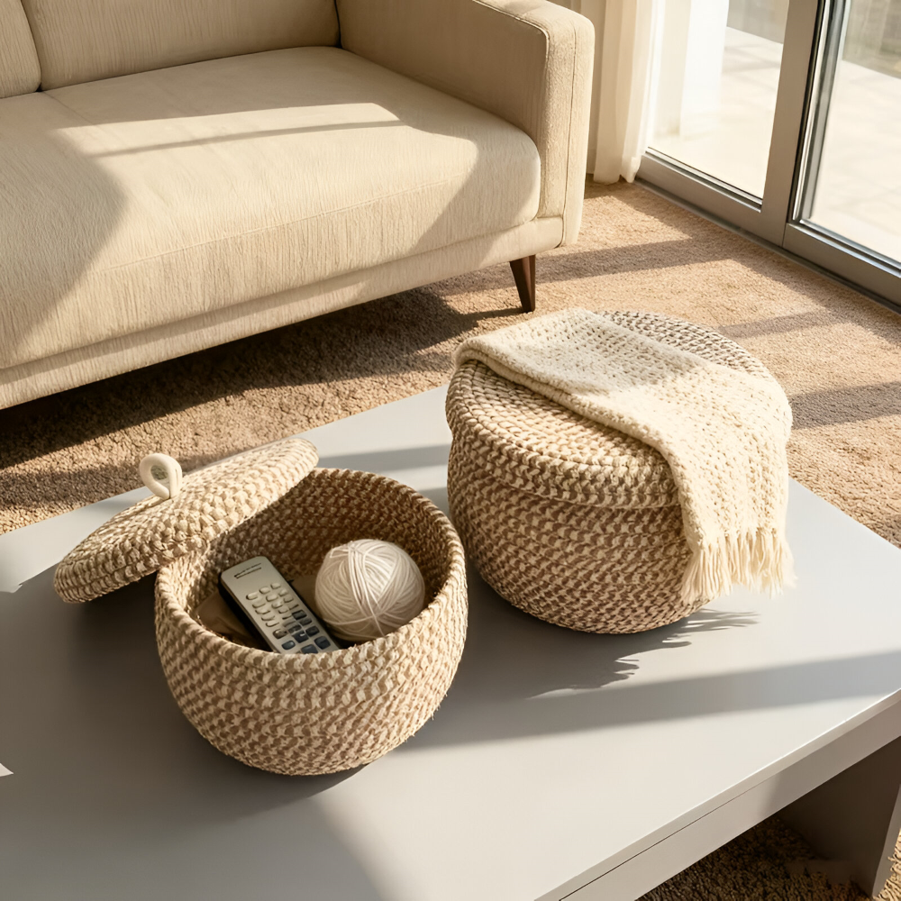 Panier de Rangement Boho avec Couvercle – Boîte de Rangement Tissée pour Bijoux – Ronde