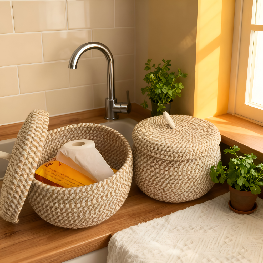 Panier de Rangement Boho avec Couvercle – Boîte de Rangement Tissée pour Bijoux – Ronde
