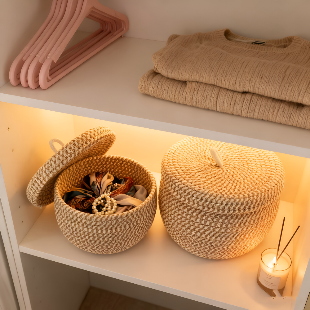 Panier de Rangement Boho avec Couvercle – Boîte de Rangement Tissée pour Bijoux – Ronde