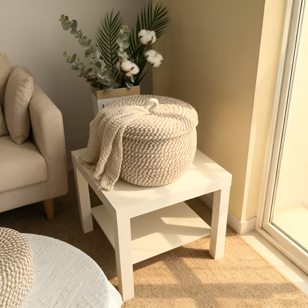 Panier de Rangement Boho avec Couvercle – Boîte de Rangement Tissée pour Bijoux – Ronde