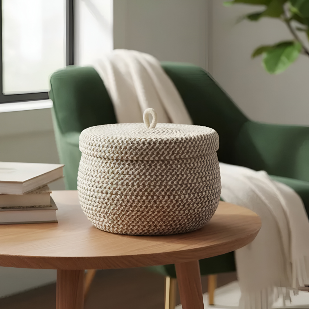 Panier de Rangement Boho avec Couvercle – Boîte de Rangement Tissée pour Bijoux – Ronde