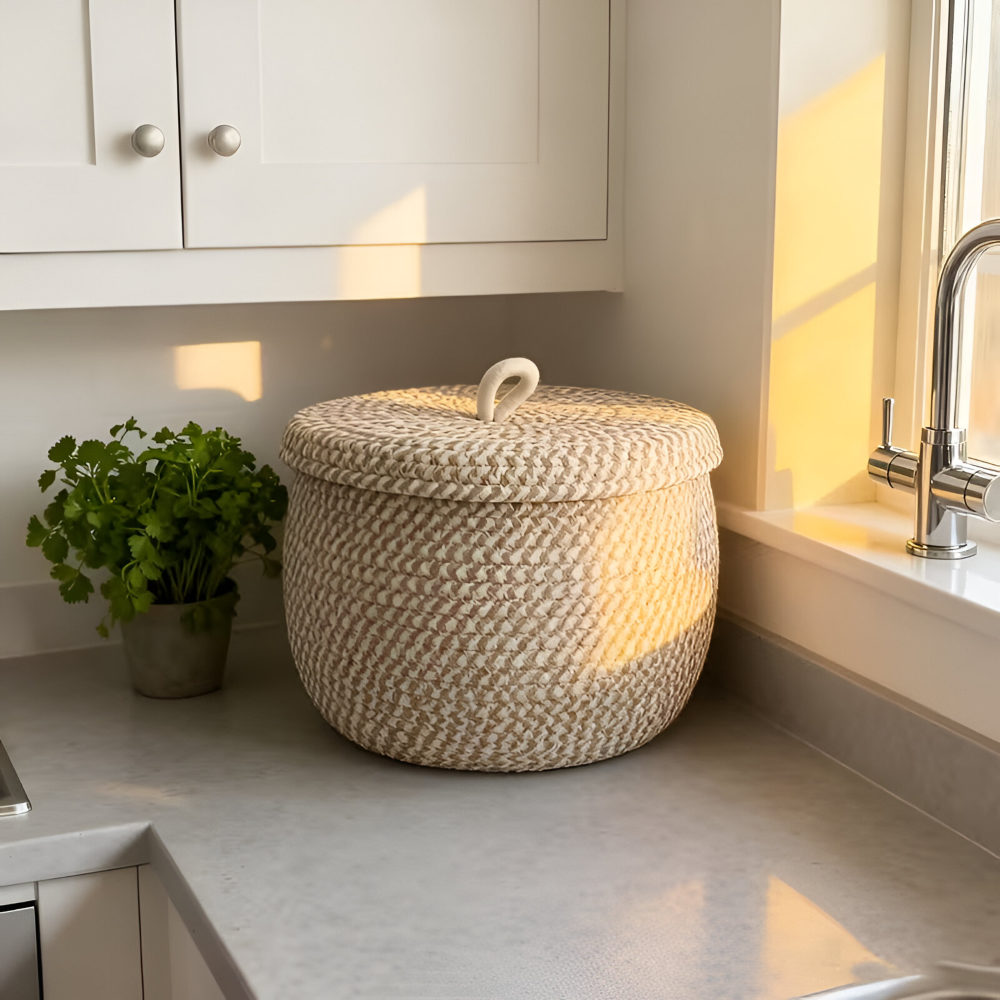 Panier de Rangement Boho avec Couvercle – Boîte de Rangement Tissée pour Bijoux – Ronde