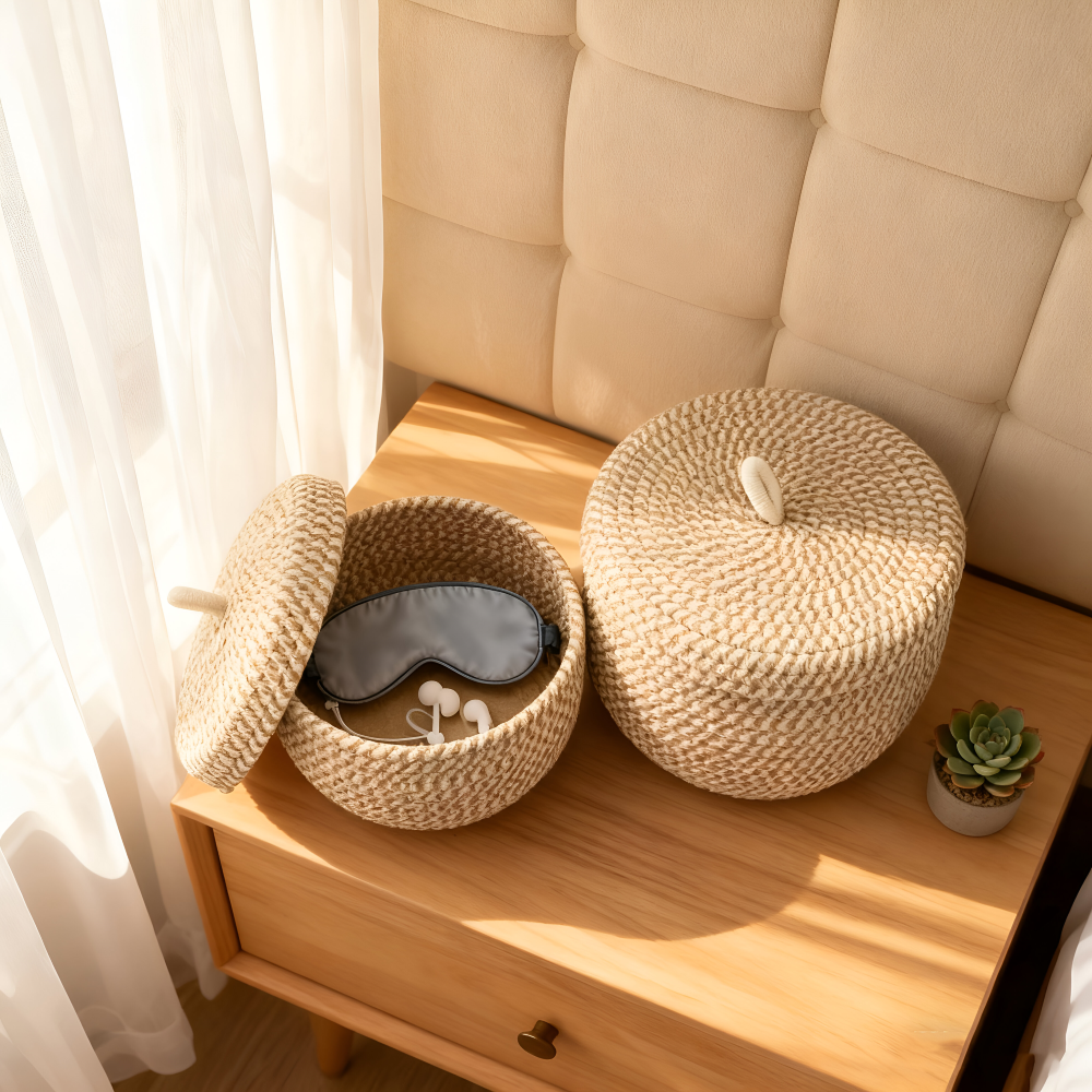 Panier de Rangement Boho avec Couvercle – Boîte de Rangement Tissée pour Bijoux – Ronde