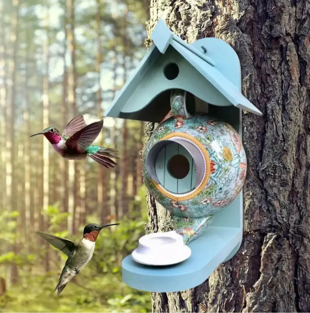 Maison à oiseaux en forme de théière | Peinte à la main | En résine | Résistante aux intempéries & Décorative