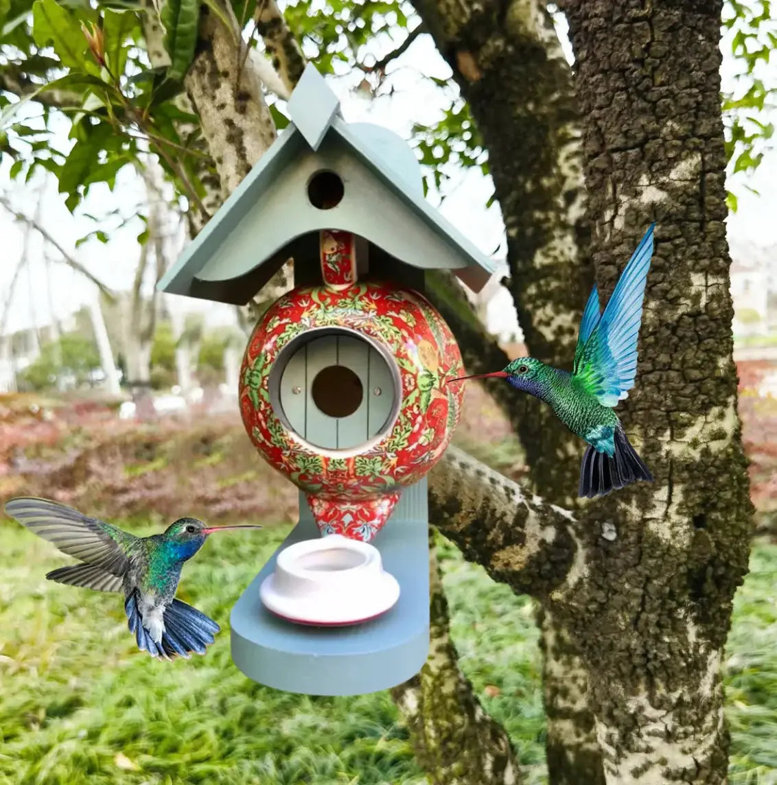Maison à oiseaux en forme de théière | Peinte à la main | En résine | Résistante aux intempéries & Décorative