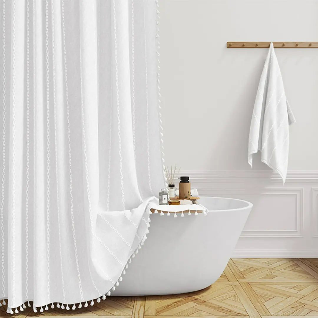 LINENCOVE – Rideau de douche bohémien en lin avec pompons et design étanche
