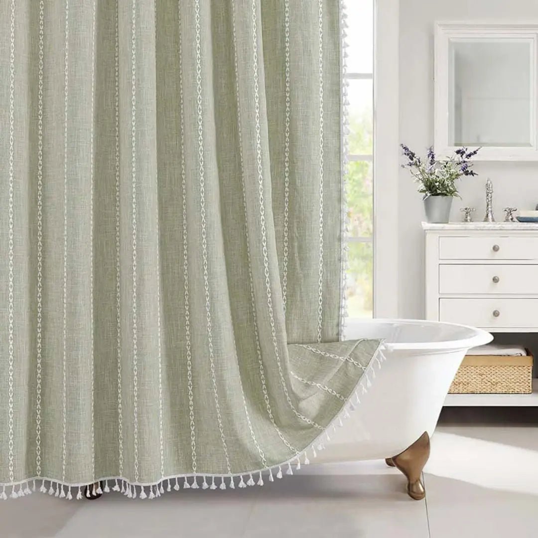 LINENCOVE – Rideau de douche bohémien en lin avec pompons et design étanche
