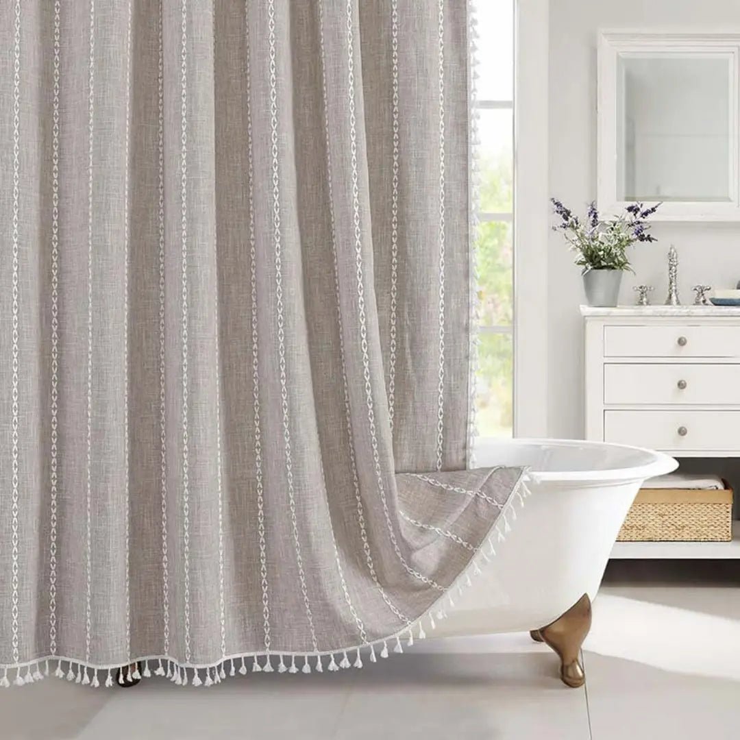 LINENCOVE – Rideau de douche bohémien en lin avec pompons et design étanche