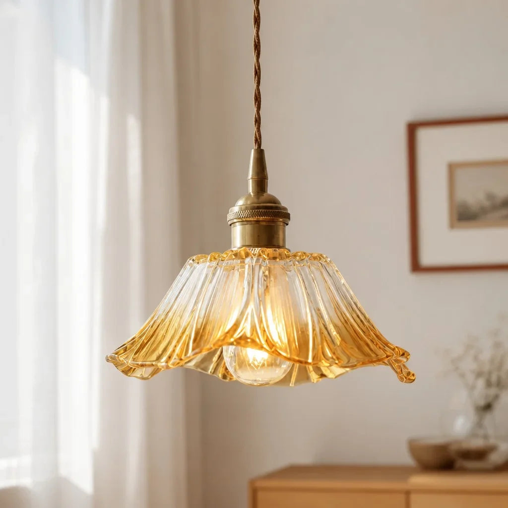 Suspension en Verre Vintage avec Abat-jour en Forme de Fleur