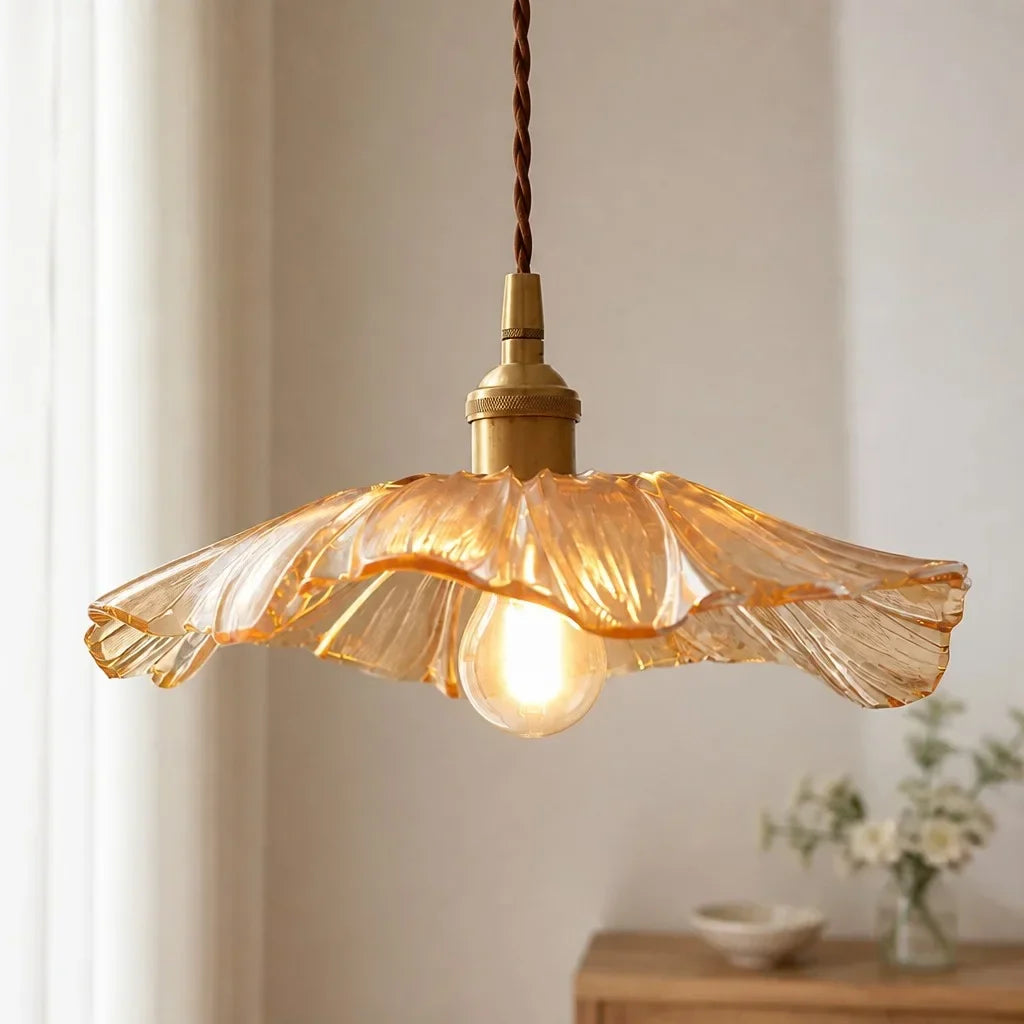 Suspension en Verre Vintage avec Abat-jour en Forme de Fleur