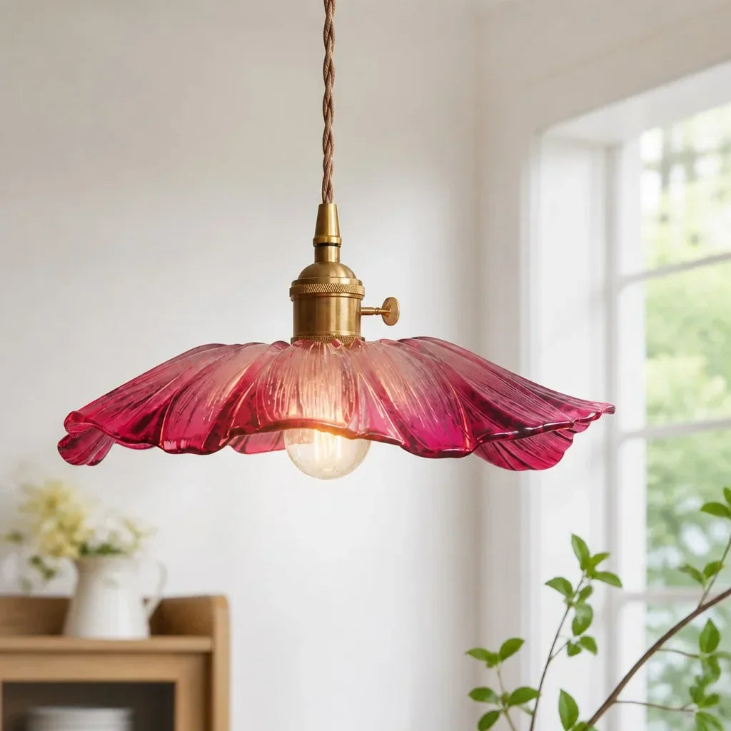 Suspension en Verre Vintage avec Abat-jour en Forme de Fleur