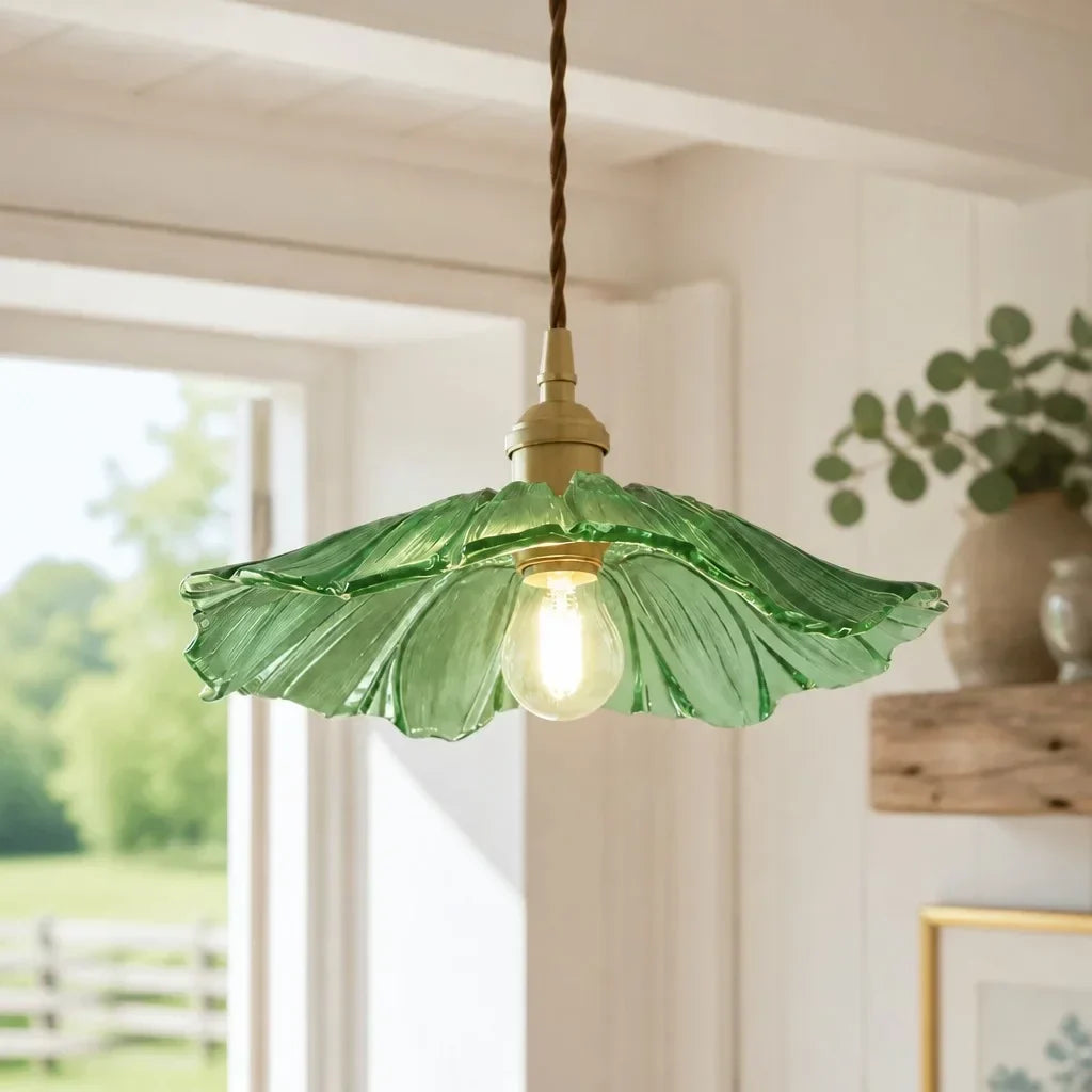 Suspension en Verre Vintage avec Abat-jour en Forme de Fleur