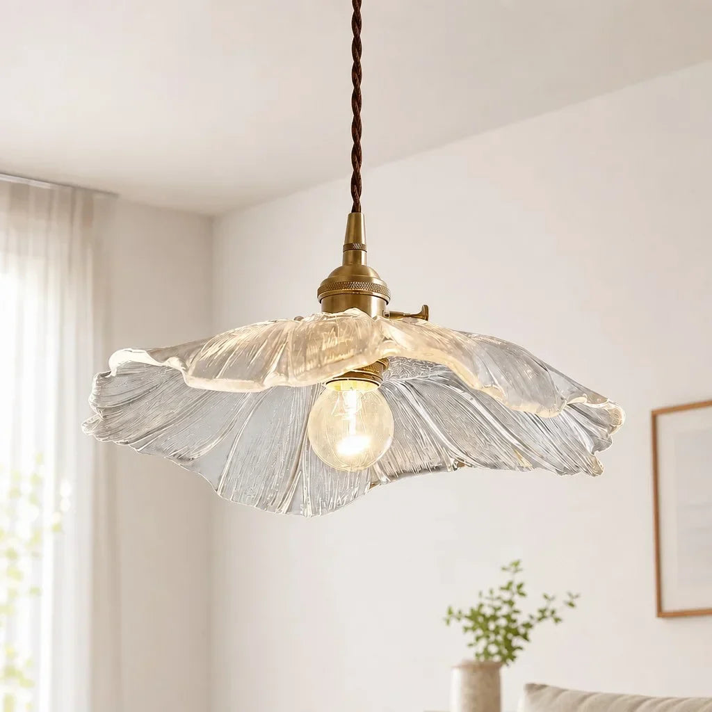 Suspension en Verre Vintage avec Abat-jour en Forme de Fleur