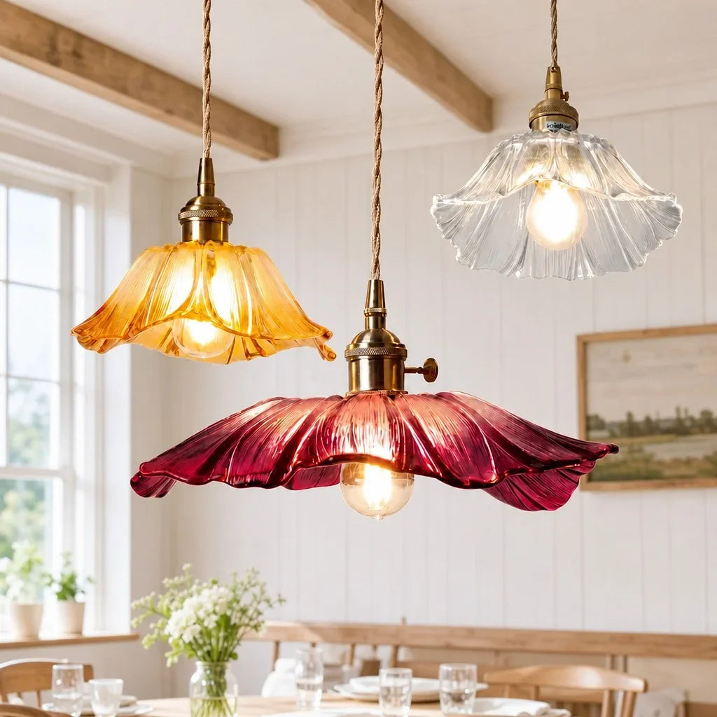 Suspension en Verre Vintage avec Abat-jour en Forme de Fleur