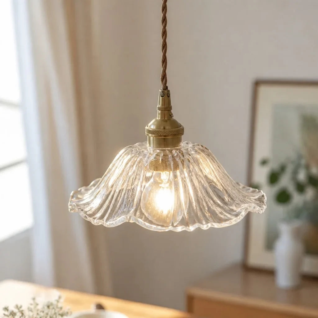 Suspension en Verre Vintage avec Abat-jour en Forme de Fleur