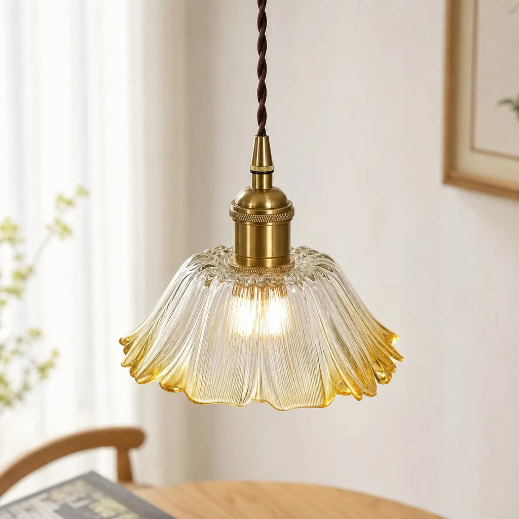 Suspension en Verre Vintage avec Abat-jour en Forme de Fleur