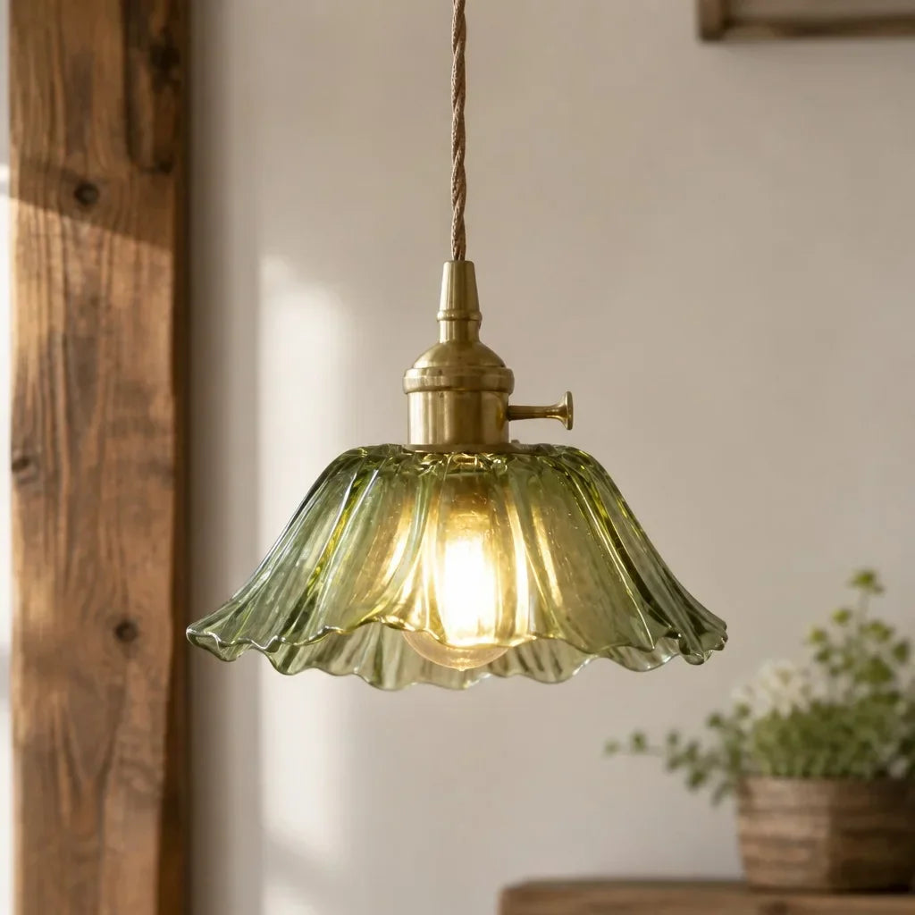 Suspension en Verre Vintage avec Abat-jour en Forme de Fleur