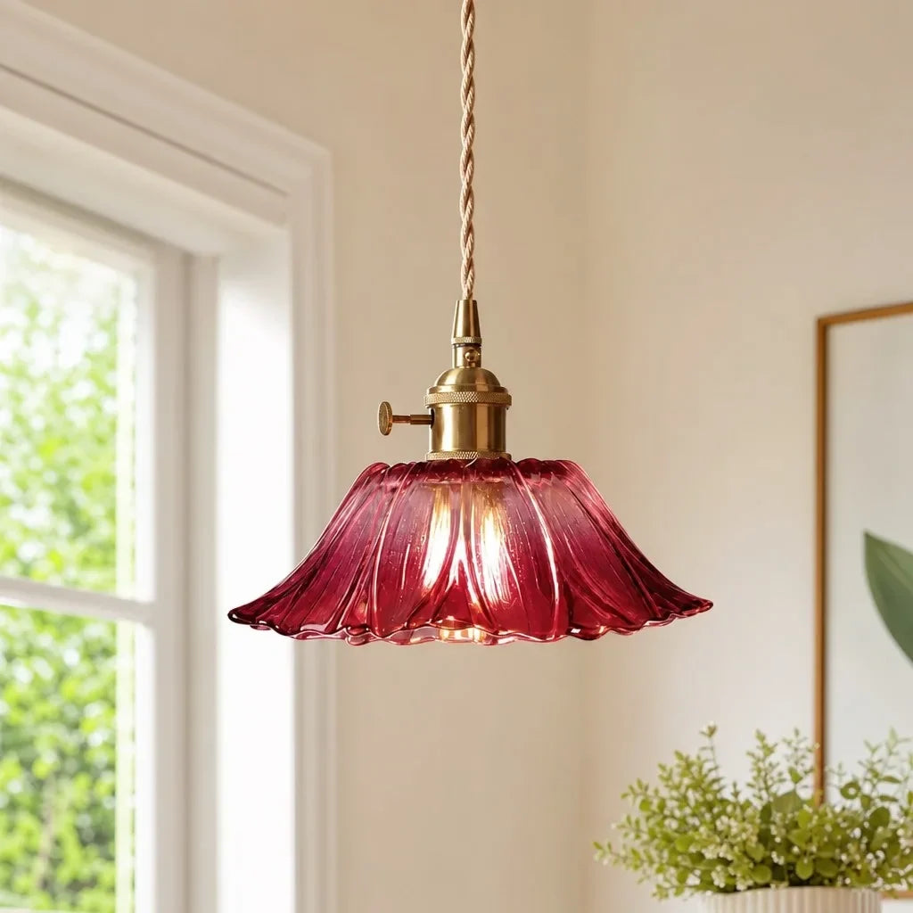Suspension en Verre Vintage avec Abat-jour en Forme de Fleur