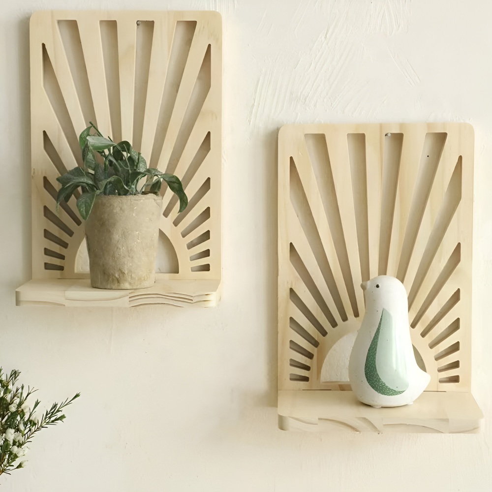 SolAura Étagère – Étagère en Bois en Forme de Rayon de Soleil Boho pour Plantes & Décor