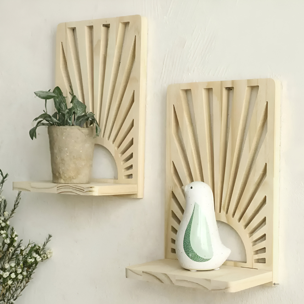 SolAura Étagère – Étagère en Bois en Forme de Rayon de Soleil Boho pour Plantes & Décor