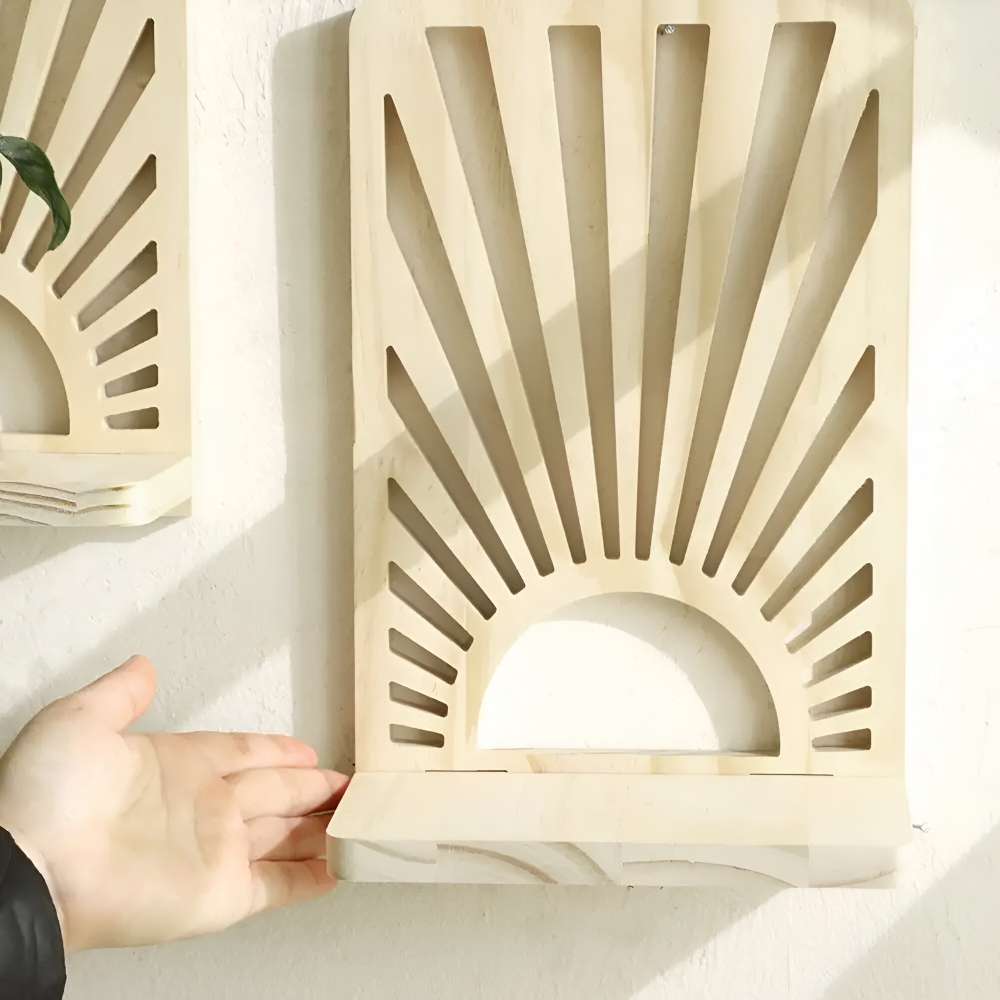 SolAura Étagère – Étagère en Bois en Forme de Rayon de Soleil Boho pour Plantes & Décor