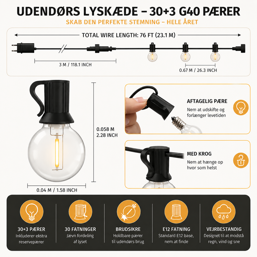 Guirlande lumineuse extérieure avec ampoules globe G40 pour terrasse et jardin