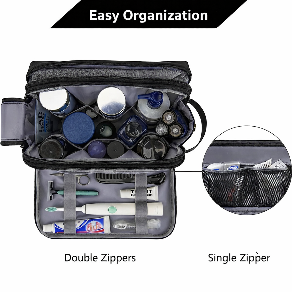 Trousse de toilette pour hommes – spacieuse avec doubles zips et compartiment étanche