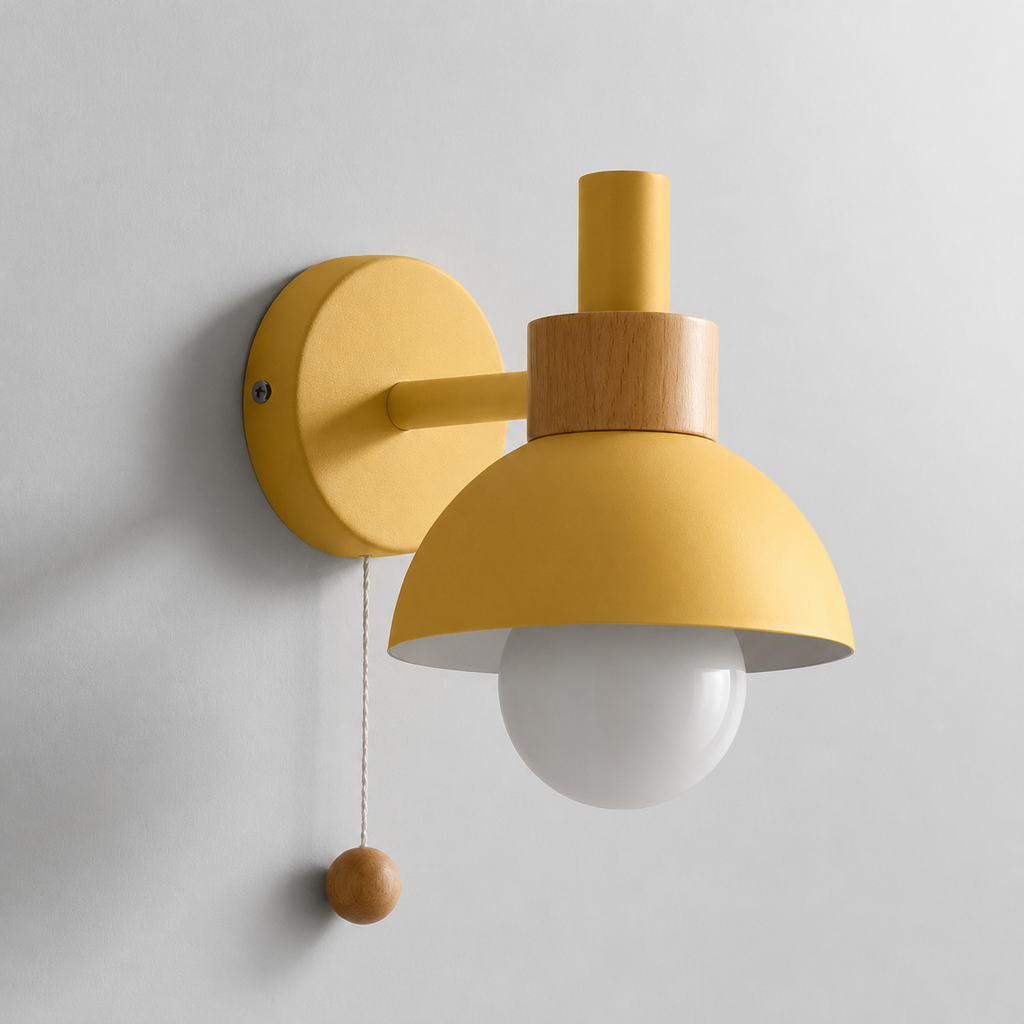 Applique murale en bois et métal – design pastel avec cordon de tirage