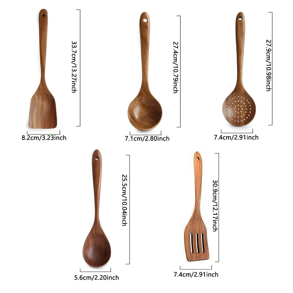 Skanto | Ensemble d'ustensiles de cuisine en teck naturel de 5 pièces – Résistant à la chaleur et anti-rayures