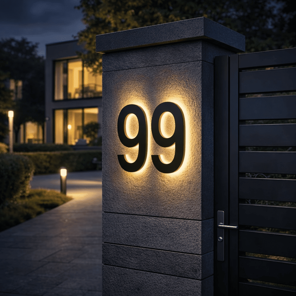 AURANUM - Panneau de numéro de maison LED personnalisable conçu en acier inoxydable et acrylique pour un affichage d'adresse moderne et illuminé