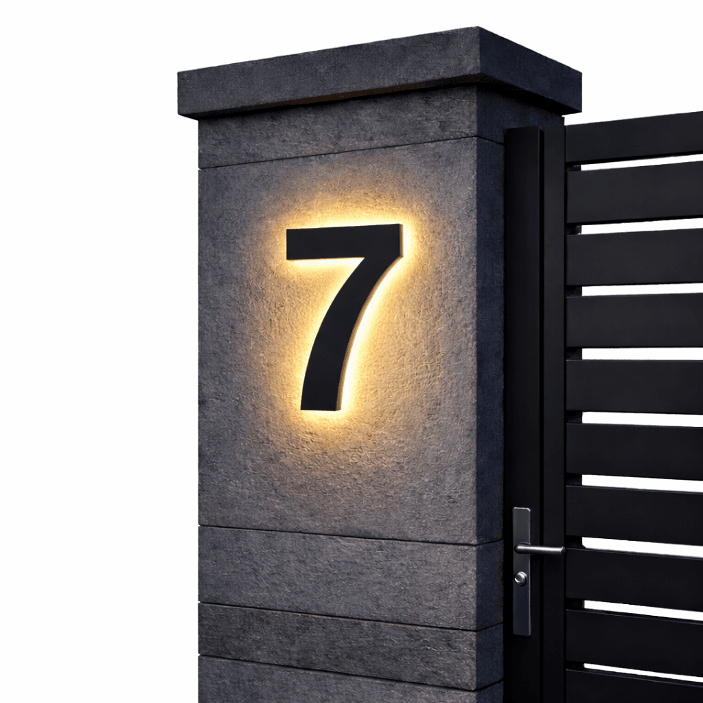 AURANUM - Panneau de numéro de maison LED personnalisable conçu en acier inoxydable et acrylique pour un affichage d'adresse moderne et lumineux