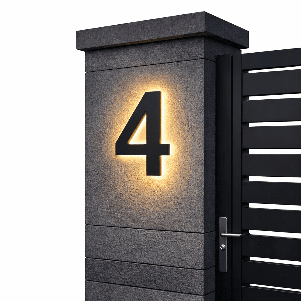 AURANUM - Panneau de numéro de maison LED personnalisable conçu en acier inoxydable et acrylique pour un affichage d'adresse moderne et lumineux