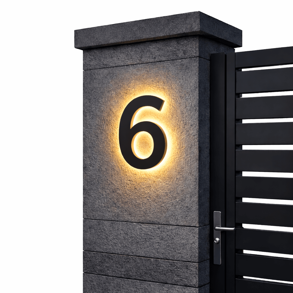 AURANUM - Panneau de numéro de maison LED personnalisable conçu en acier inoxydable et acrylique pour un affichage d'adresse moderne et lumineux