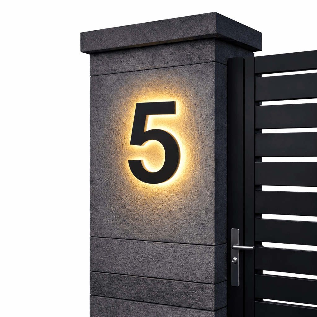 AURANUM - Panneau de numéro de maison LED personnalisable conçu en acier inoxydable et acrylique pour un affichage d'adresse moderne et lumineux