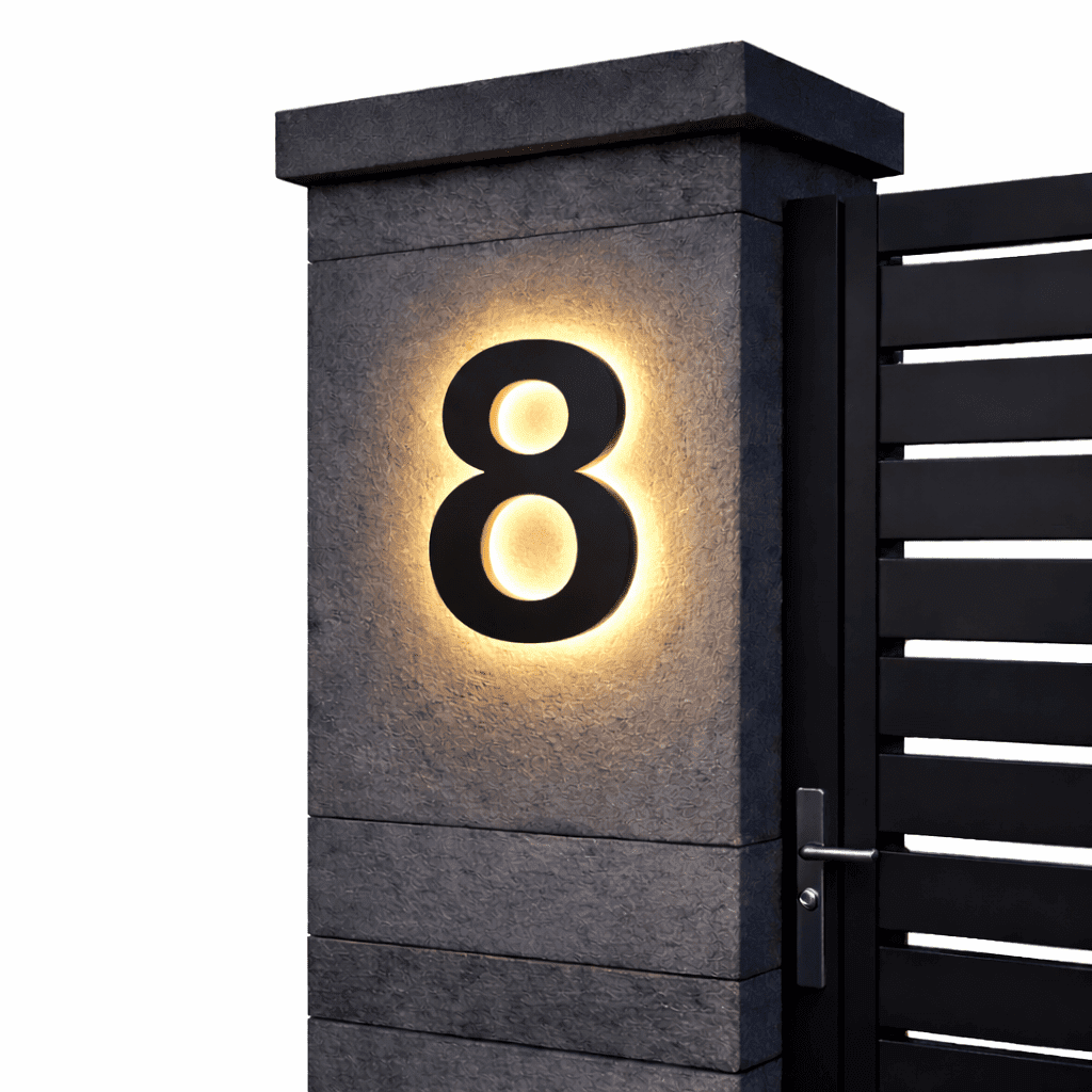 AURANUM - Panneau de numéro de maison LED personnalisable conçu en acier inoxydable et acrylique pour un affichage d'adresse moderne et lumineux
