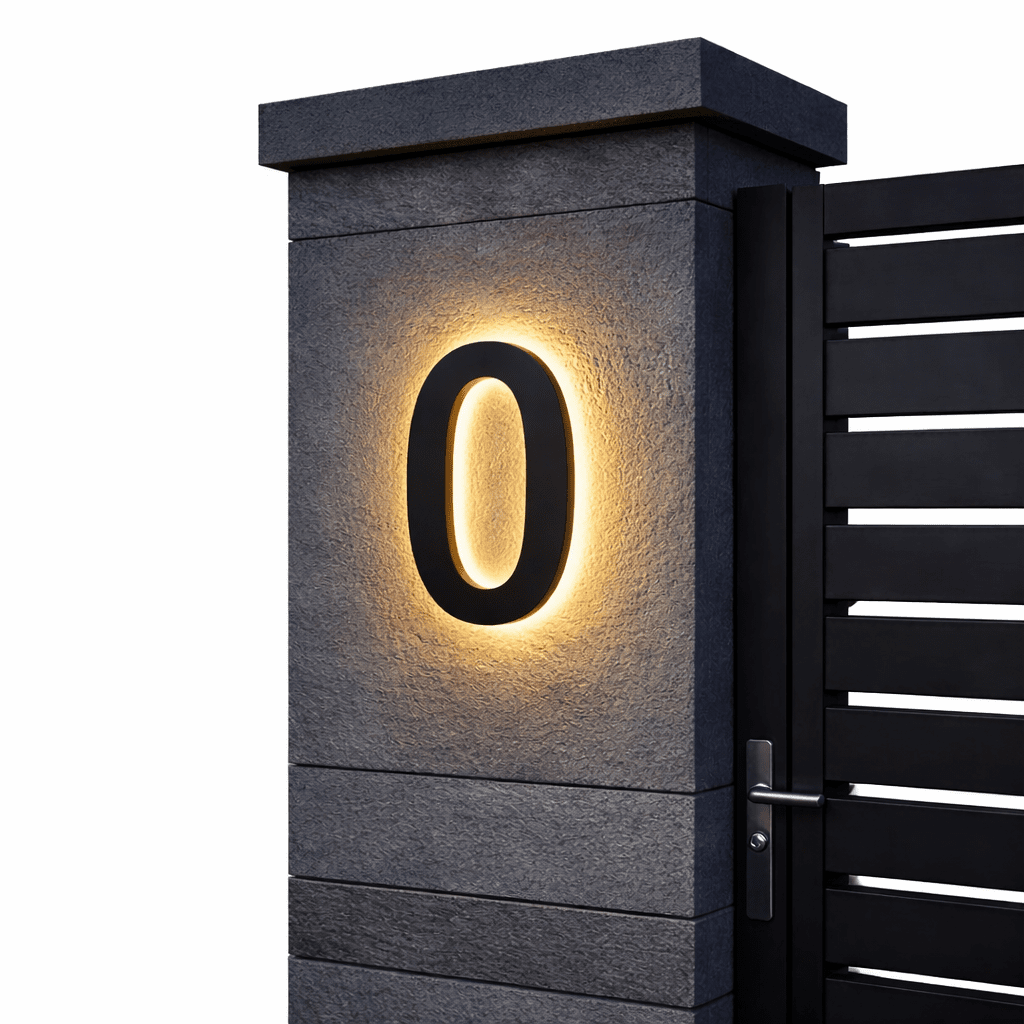 AURANUM - Panneau de numéro de maison LED personnalisable conçu en acier inoxydable et acrylique pour un affichage d'adresse moderne et lumineux