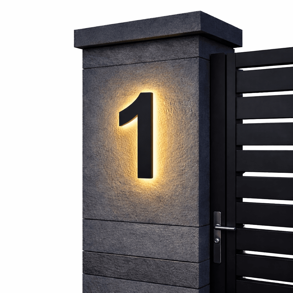 AURANUM - Panneau de numéro de maison LED personnalisable conçu en acier inoxydable et acrylique pour un affichage d'adresse moderne et lumineux