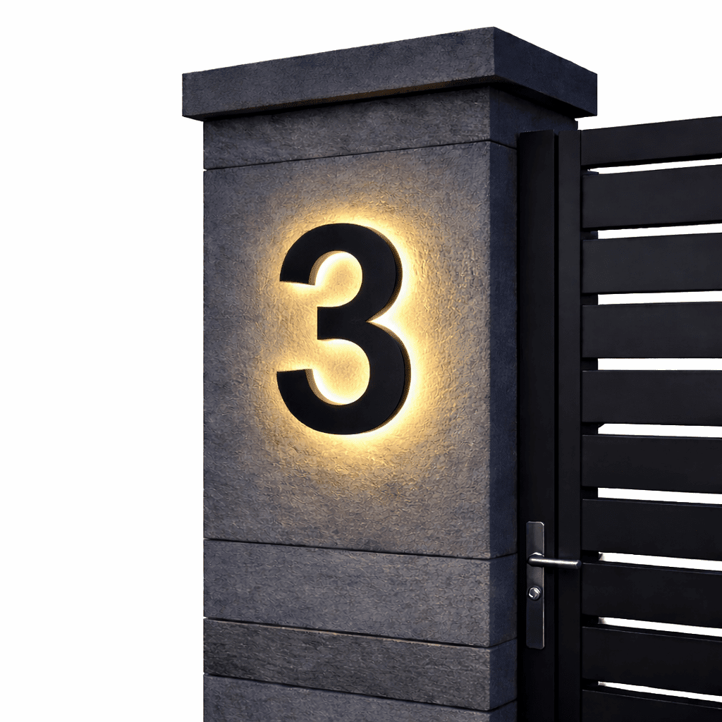 AURANUM - Panneau de numéro de maison LED personnalisable conçu en acier inoxydable et acrylique pour un affichage d'adresse moderne et lumineux