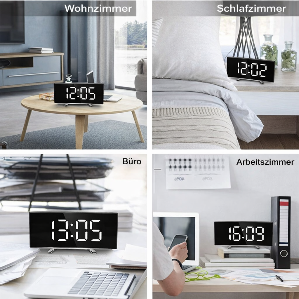 Horloge numérique | Réveil miroir LED | Dimming automatique sans éblouissement | CurveClock