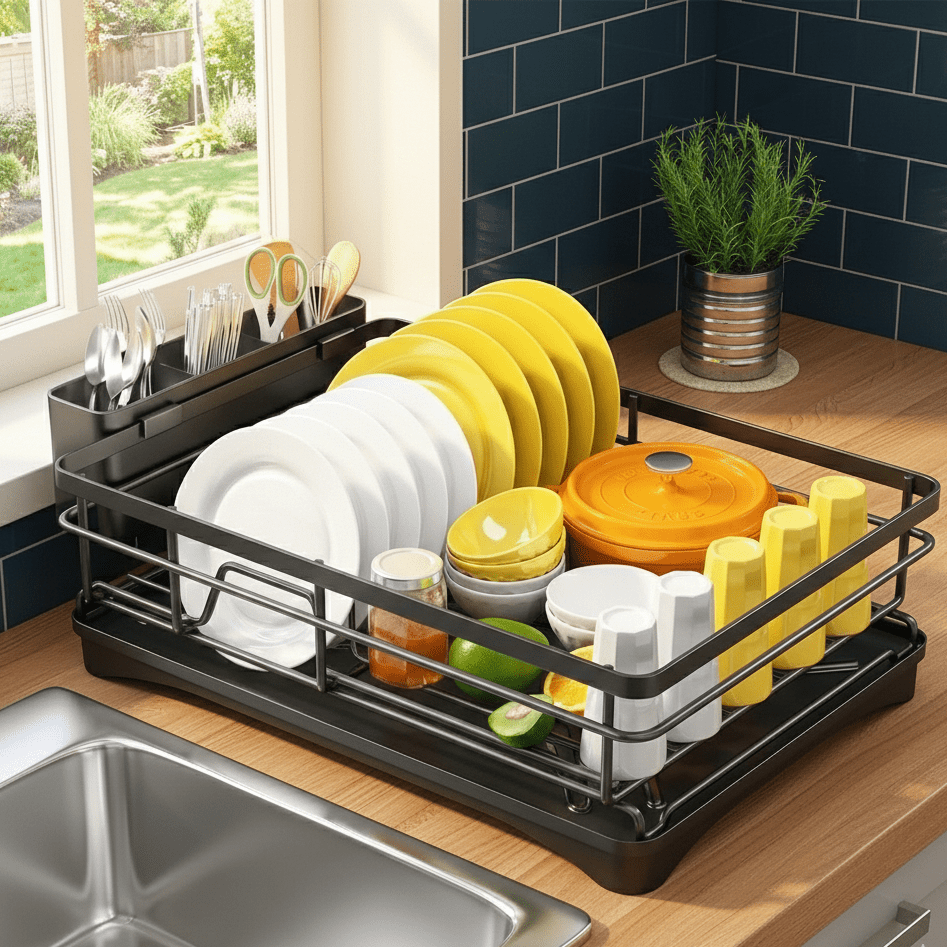 KITCHENDRY - Grand égouttoir à vaisselle avec plateau de récupération intégré conçu pour un séchage efficace, la protection du plan de travail et un rangement organisé de la cuisine
